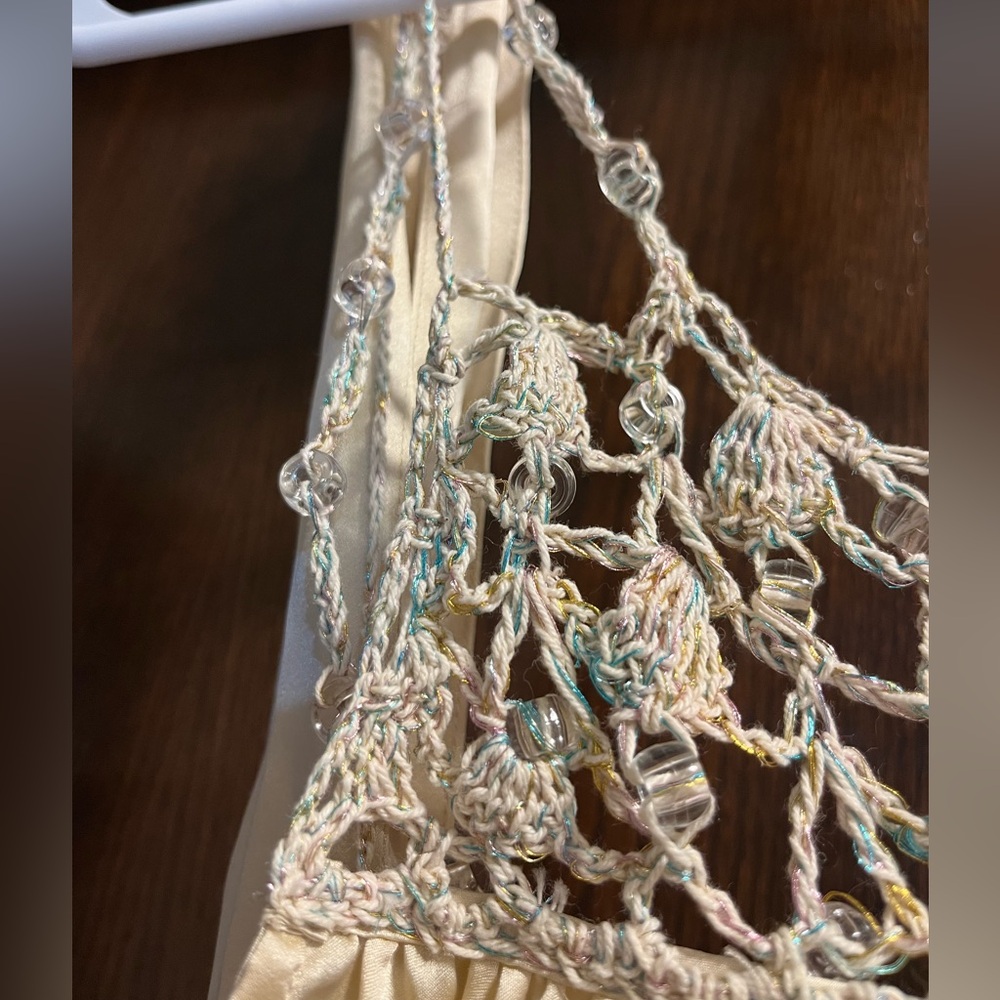 To the Max-tank blouse/tie waist/beige silk beaded rope straps/front. W size 10. - Picture 3 of 10